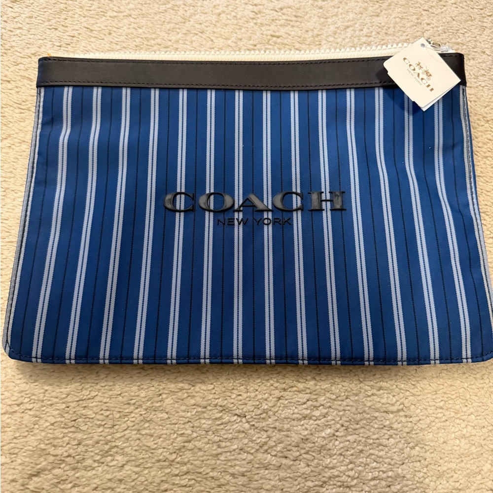Coach Blue Stripe Zip Pouch with Black Trim